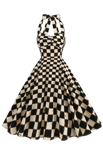 Vestido corto halter a cuadros de rejilla negra de la década de 1950